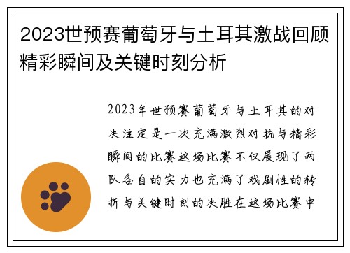 2023世预赛葡萄牙与土耳其激战回顾精彩瞬间及关键时刻分析